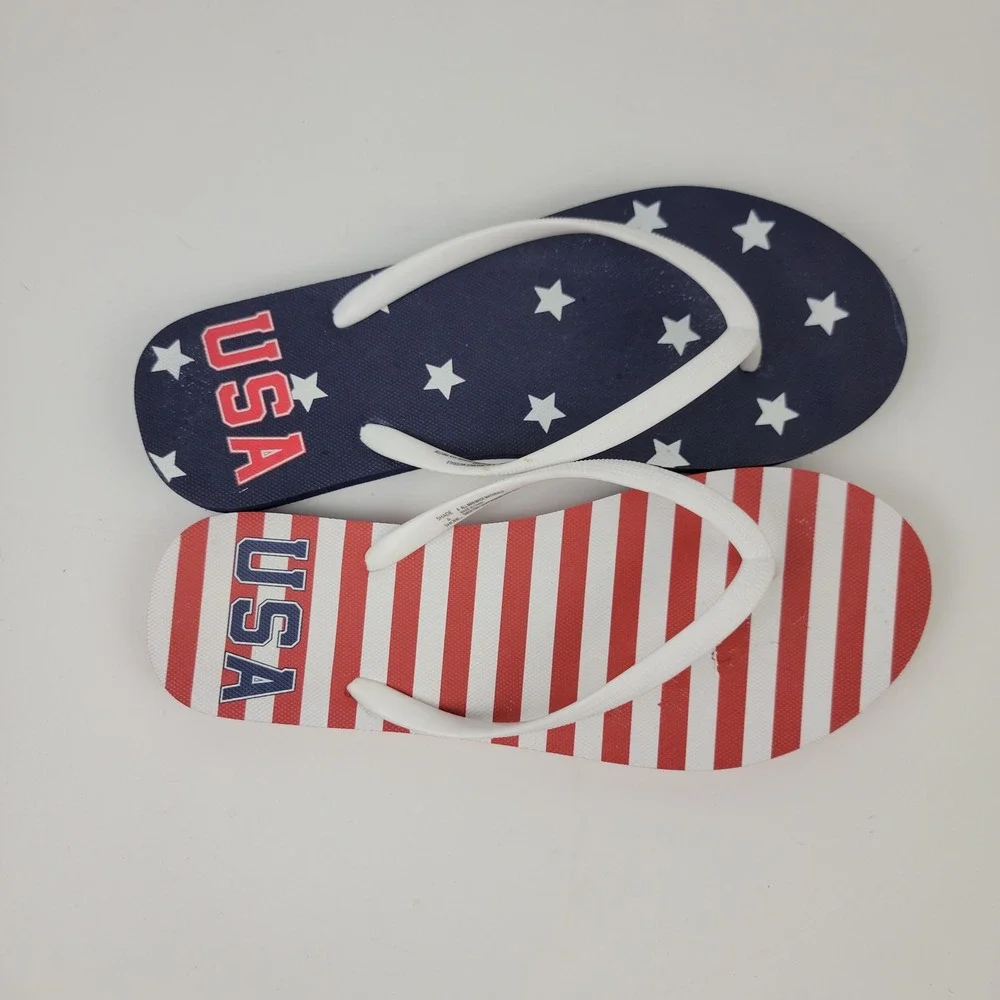 Shade & Shore Womens USA Flag Stars Stripes Flip Flops Size 8 Red White Blue